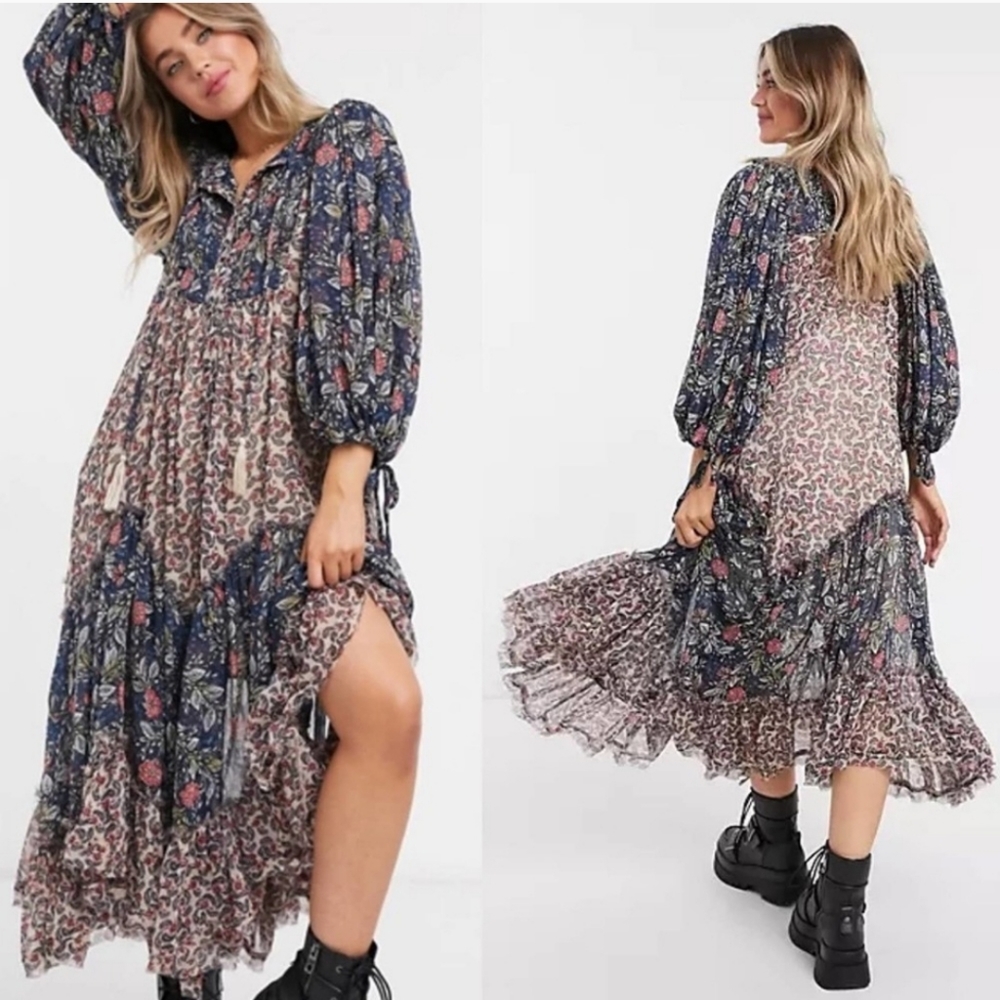 Free People Floral Maxi Dress - Blue and Pink